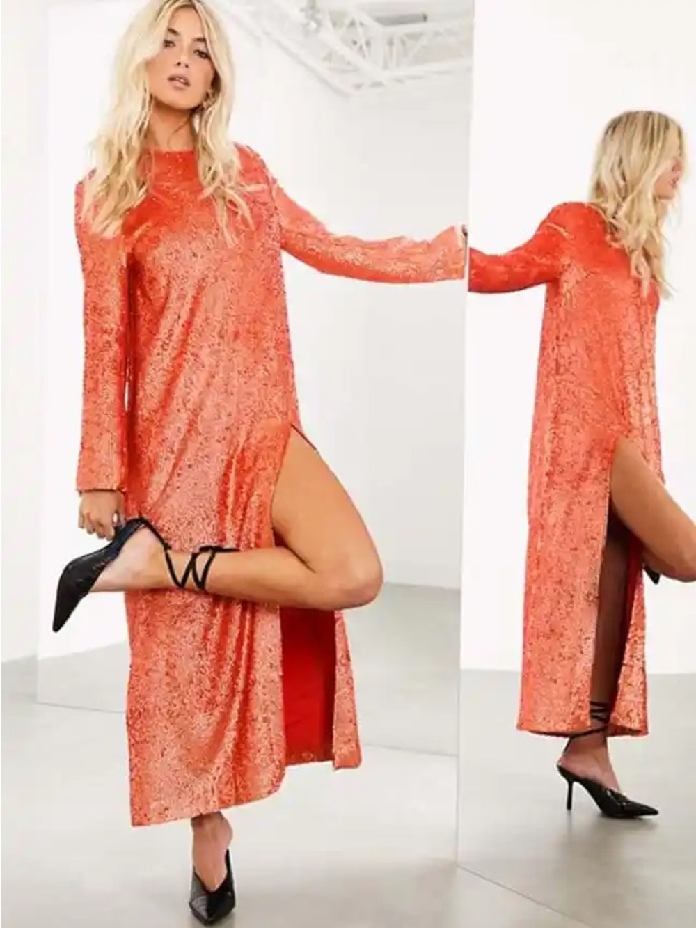 RARE* ASOS Editorial Orange Sequin Long-Slit Maxi Dress